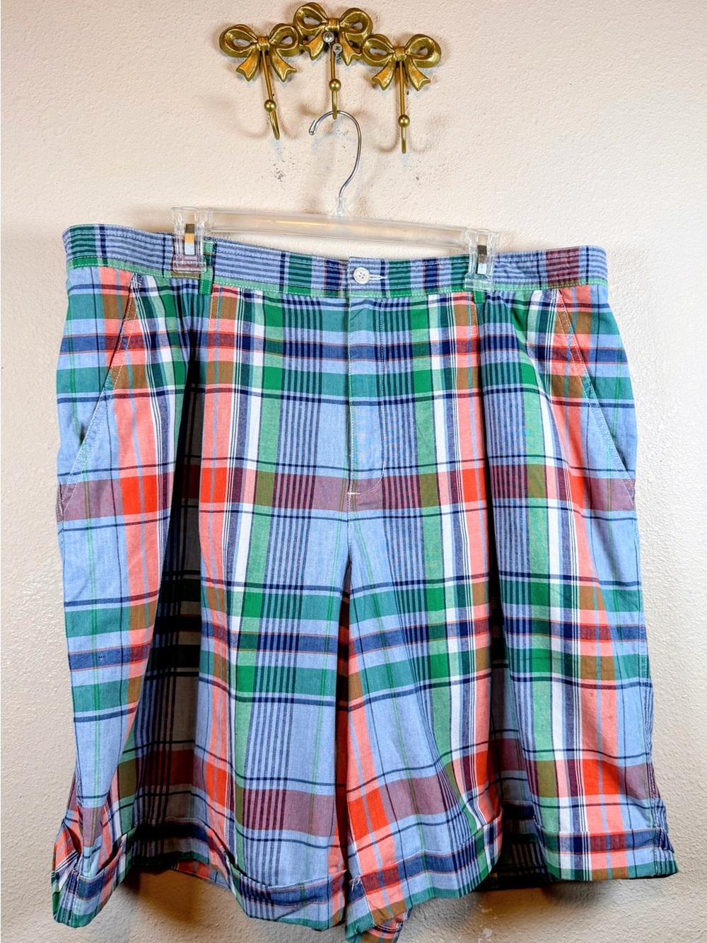 Plaid Elizabeth Bermuda Shorts in Blue, Green & Orange. Elastic Back. Size 22